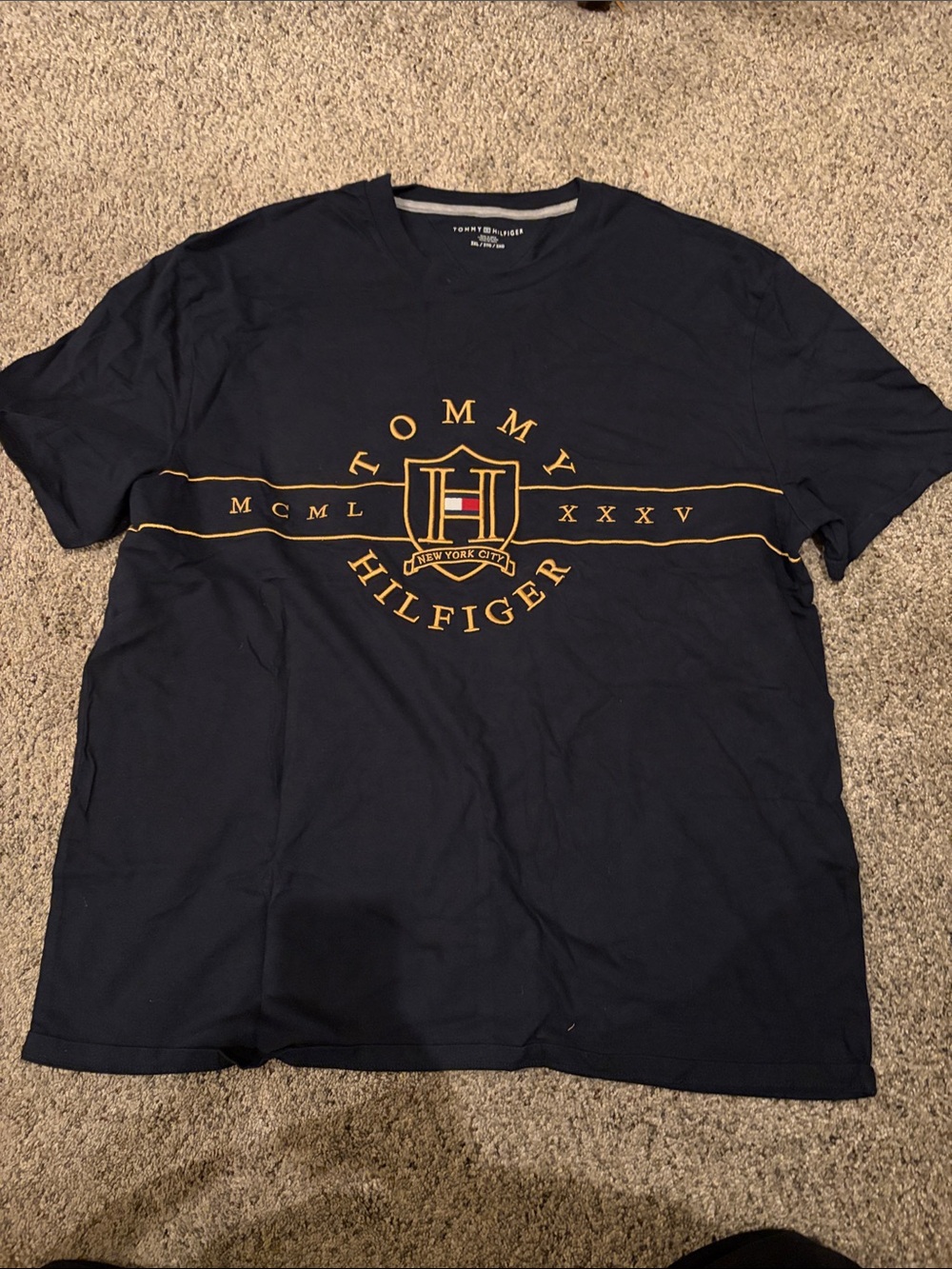 Tommy Hilfiger Navy Short Sleeve Crest Logo Tee with Gold Trim